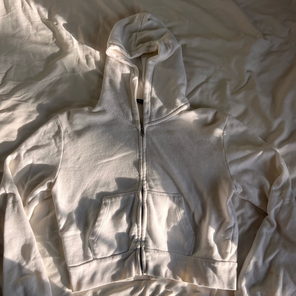 Brandy Melville White Cropped Zip-Up Hoodie